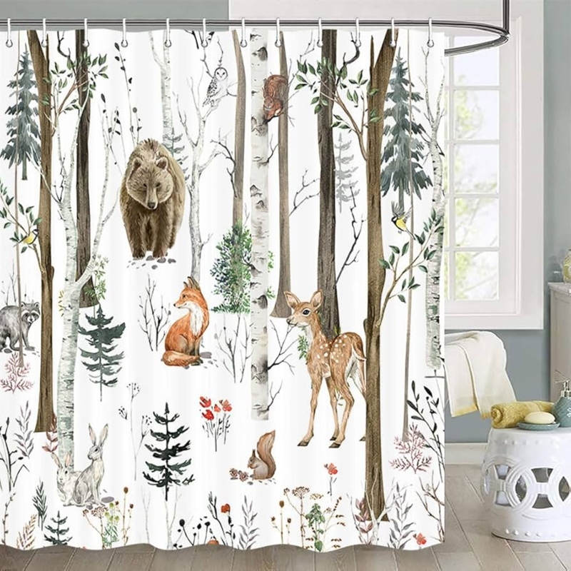 Shower Curtain Birch Forest Print Woodland Wildlife Illustrations