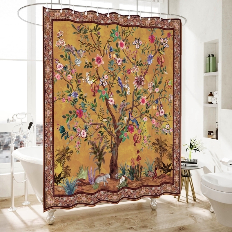 Shower Curtain Botanical Mural Mustard Background Ornate Border Decor