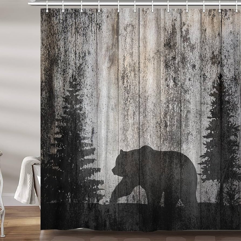 Shower Curtain Distressed Wood Print Bear Silhouette Woodland Theme