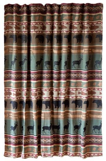 Shower Curtain Earthy Horizontal Stripe Wildlife Motifs Cabin Style