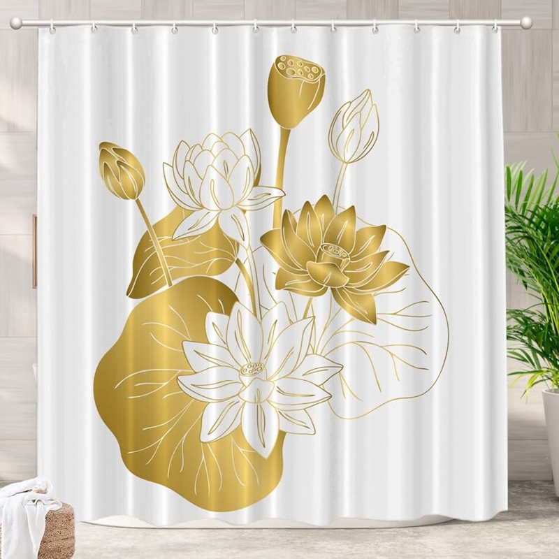 Shower Curtain Gold Lotus on White Large Scale Graphics Modern Zen Style