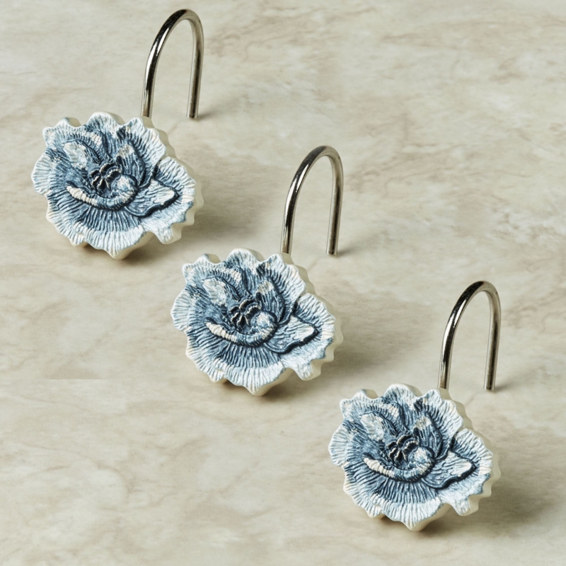 Shower Curtain Hooks Embossed Rose Detail Dusty Blue Wash Floral Relief