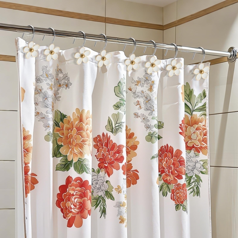 Shower Curtain Hooks Gold Centers Daisy Motif Elegant Botanical Print