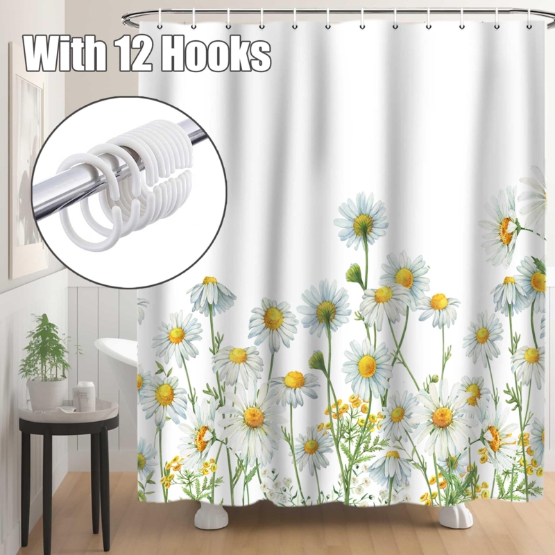 Shower Curtain Hooks White C Rings 12 Pack Set Oversized Daisies Decor