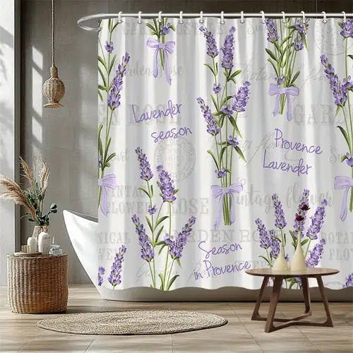 Shower Curtain Lavender Floral Pattern Provence Typography French Style