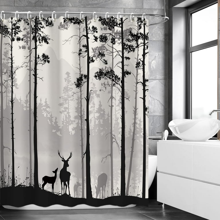 Shower Curtain Monochrome Forest Print Misty Landscape Black and White