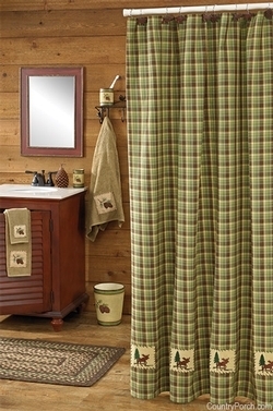 Shower Curtain Olive Plaid Bear Motifs Forest Theme Cabin Lodge