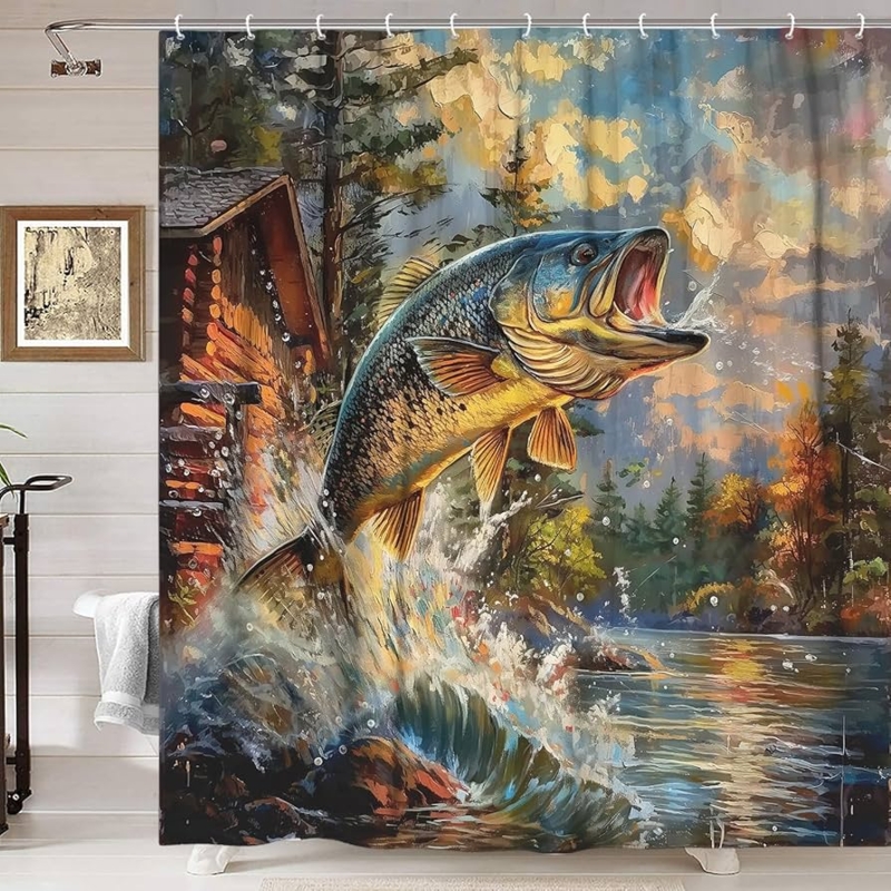 Shower Curtain Painterly Style Leaping Bass Fishing Cabin Art