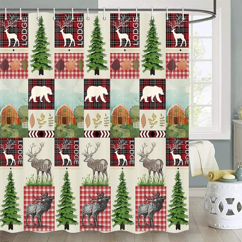 Shower Curtain Patchwork Wildlife Print Buffalo Plaid Accents Lodge