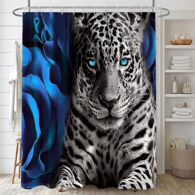Shower Curtain: Photorealistic Imagery Leopard and Rose Print Maximalist