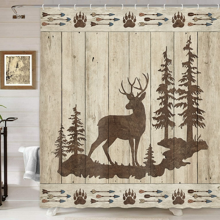 Shower Curtain Rustic Deer Silhouette Bear Paw Border Wood Plank