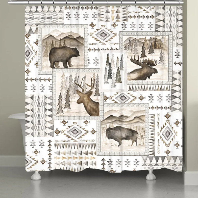 Shower Curtain Sepia Animal Illustrations Aztec Geometric Trim Decor