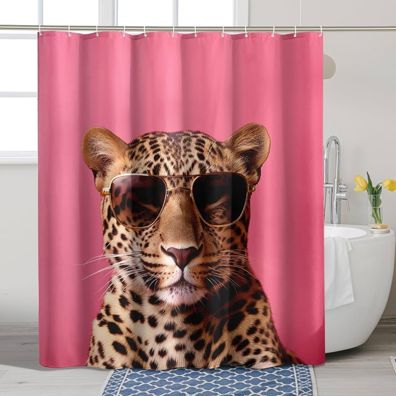 Shower Curtain: Sunglasses Wearing Leopard on Hot Pink Eccentric Decor