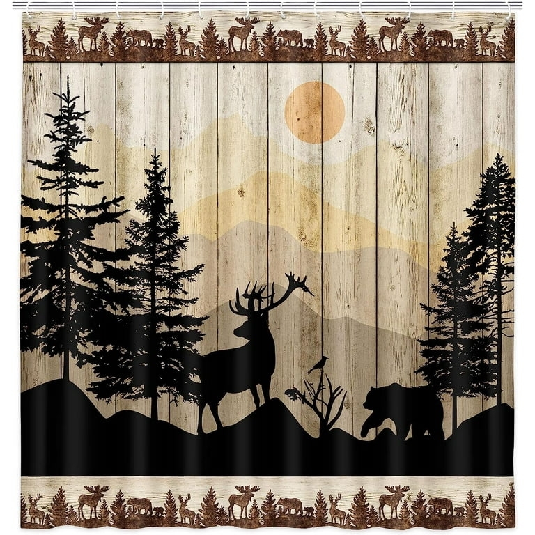 Shower Curtain Vertical Plank Print Wildlife Silhouettes Lodge Style