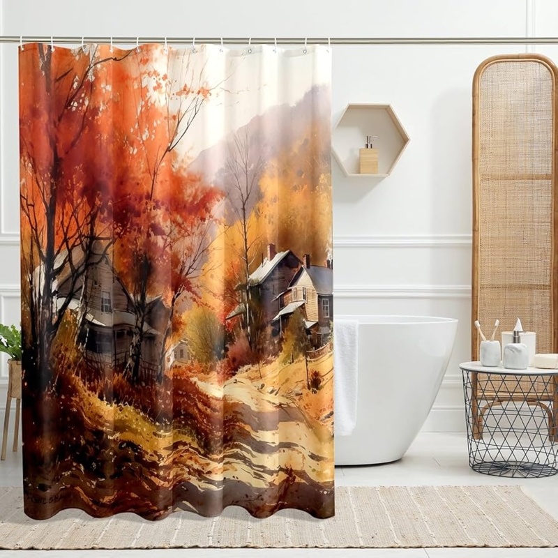 Shower Curtain Watercolor Cabin Rustic Woodland Landscape Print