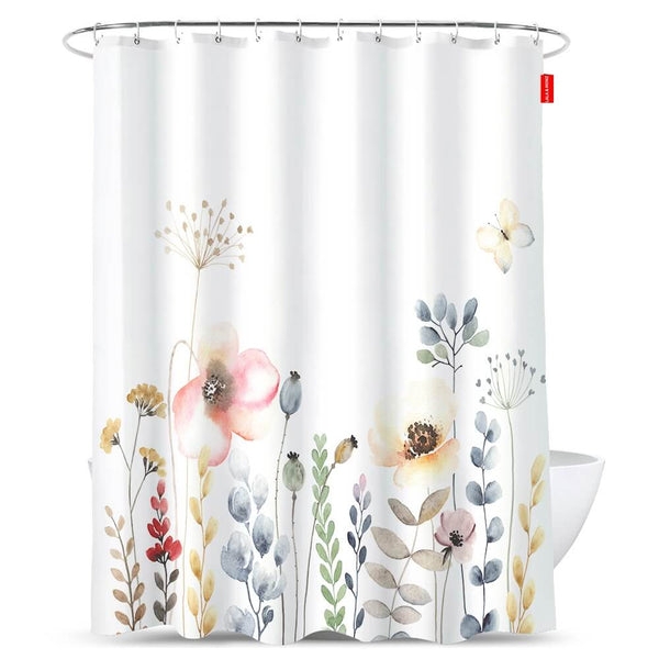 Shower Curtain Watercolor Floral Butterfly Motif Pastel Whimsical Decor