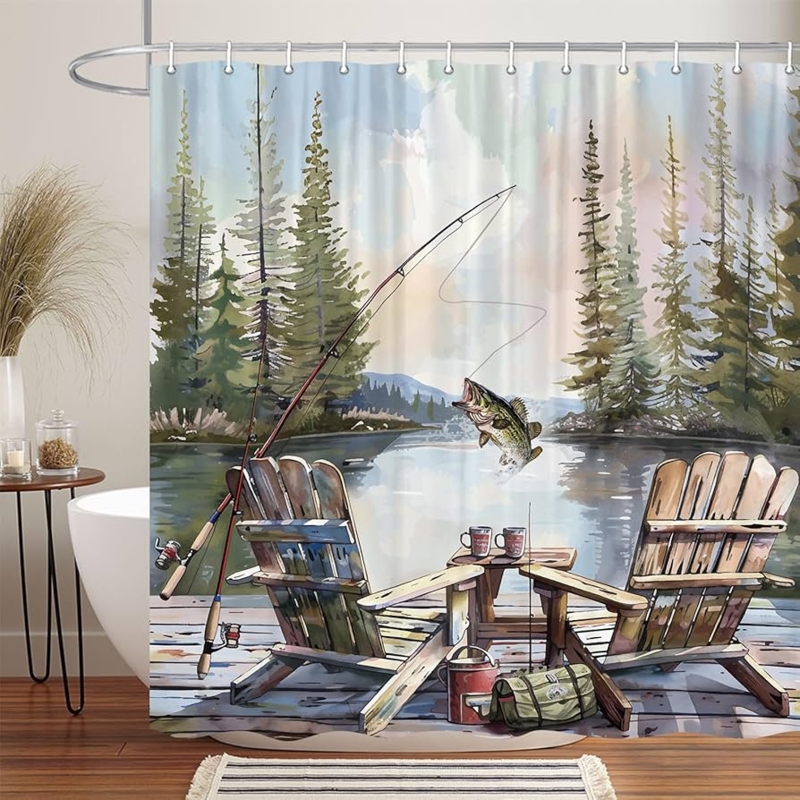Shower Curtain Watercolor Lake Scene Adirondack Chair Fisherman Theme