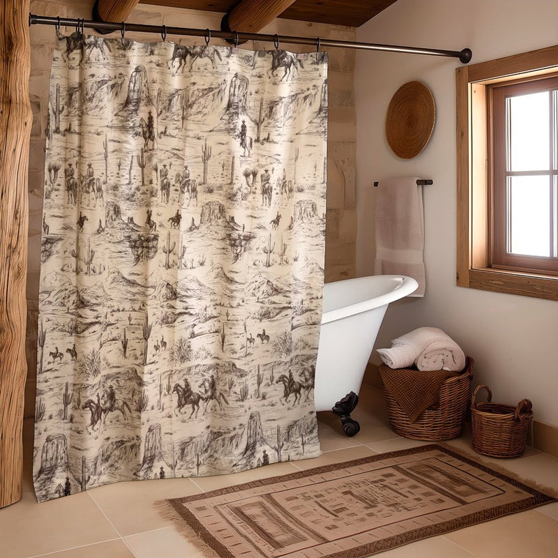 Shower Curtain Western Toile Cowboy Pattern Desert Landscape Print