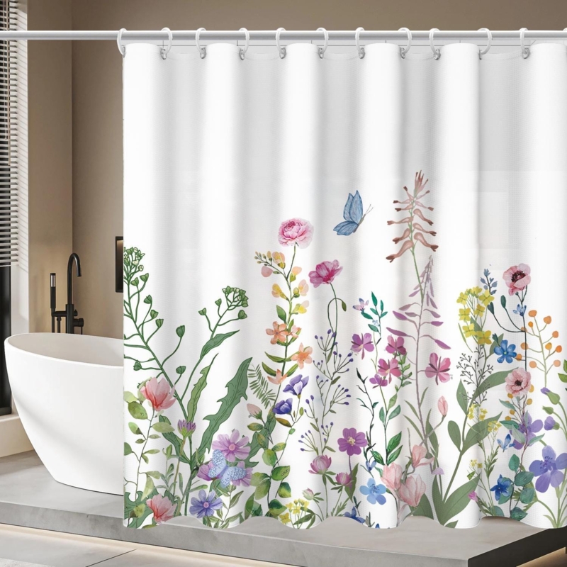 Shower Curtain Wildflower Border Watercolor Style Modern Organic Decor