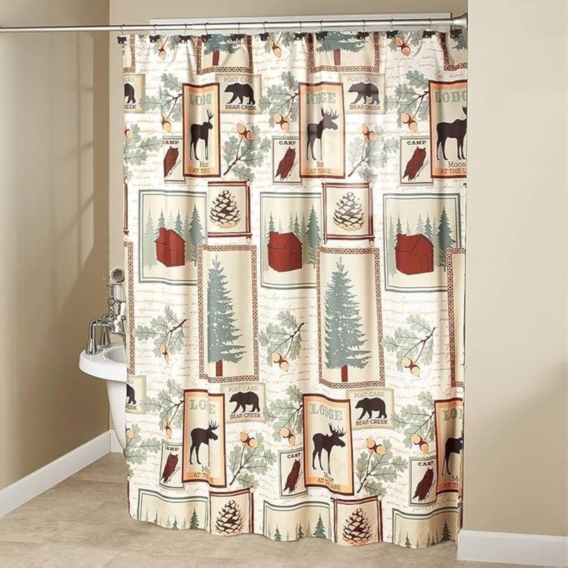 Shower Curtain Wildlife Motif Postcard Script Background Bear Hooks