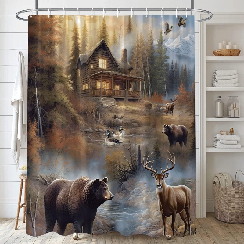 Shower Curtain Wildlife Mural Forest Landscape Scenic Cabin Motif