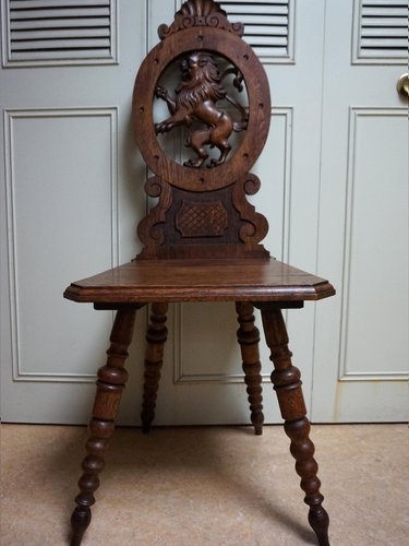 Side Chair: Swiss Black Forest Rampant Lion Carving, Bobbin Turned Legs