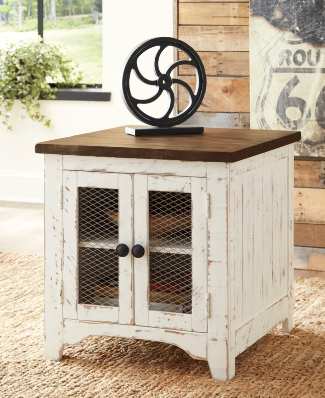 Side Table with Wire Mesh Doors Planked Sides Cabinet