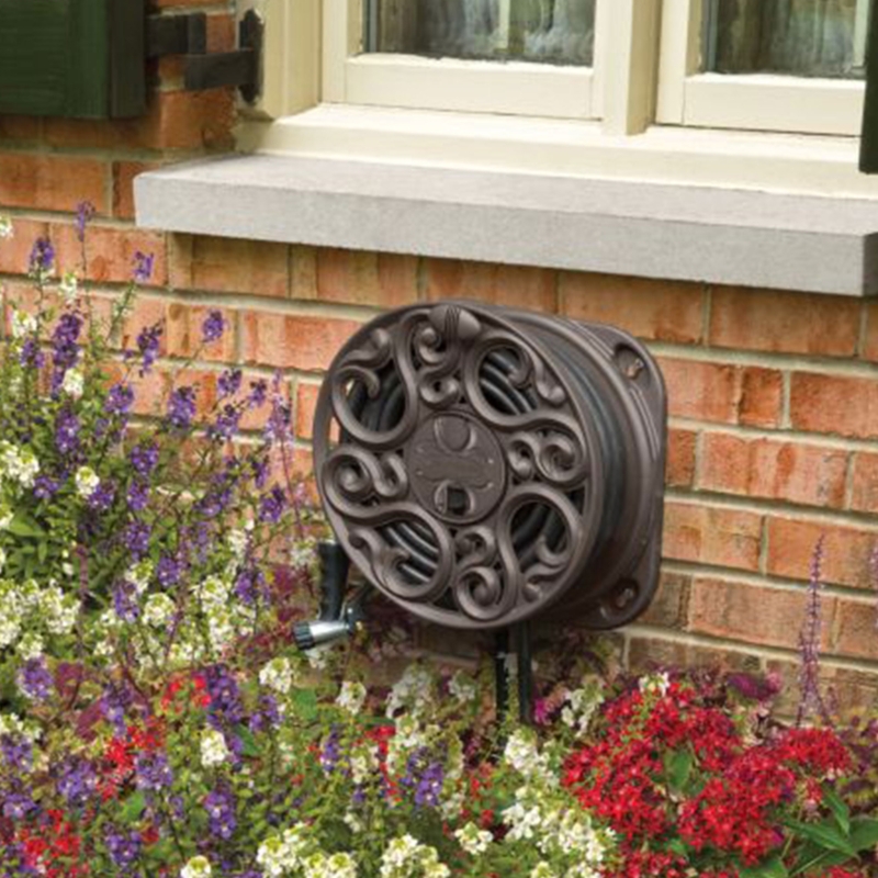 Side Winding Hose Reel: Bronze Scroll Design, Decorative Wall Mount