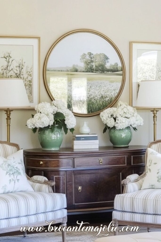 Sideboard Buffet: Curved Front and Symmetrical Living Room Vignette