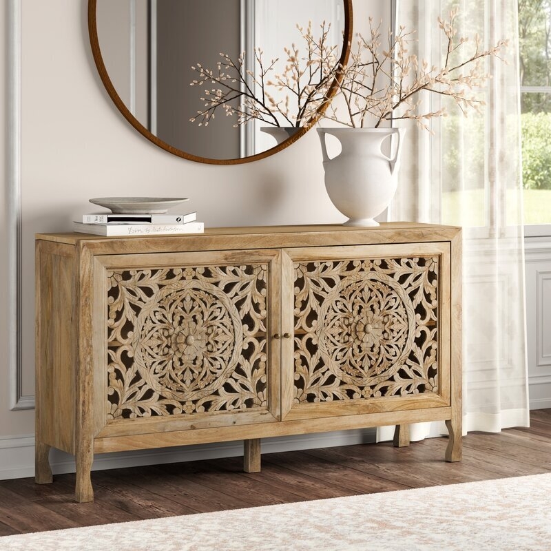 Sideboard, Hand Carved Mandala, Blonde Mango Wood, Bohemian Style