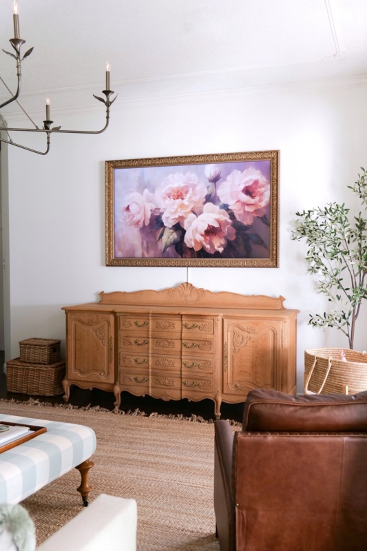 Sideboard: Peony Floral Wall Decor and Gingham Pattern Ottoman