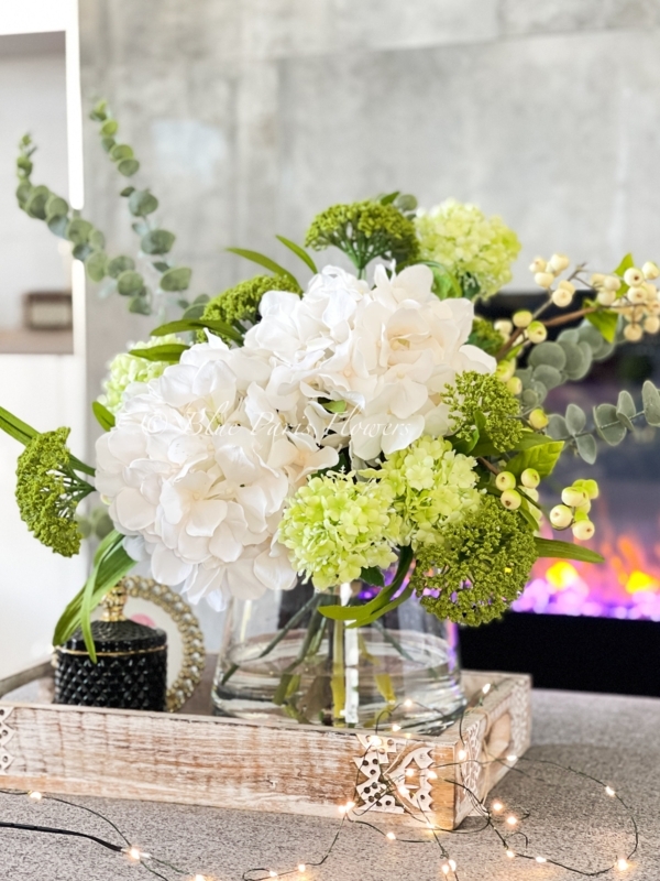 Silk Floral Arrangement on Whitewashed Wooden Tray with Eucalyptus