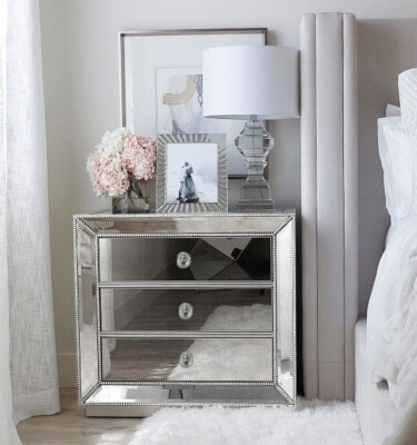 Silver Beaded Mirrored Nightstand: 3 Drawers, Crystal Knobs & Block Base