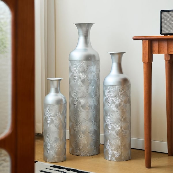 Silver Floor Vases Set Brushed Finish Scalloped Pattern Bottle Shaped