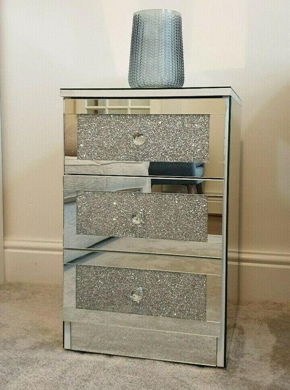 Silver Glitter Bedside Table: Mirrored Panels & Crystal Handles