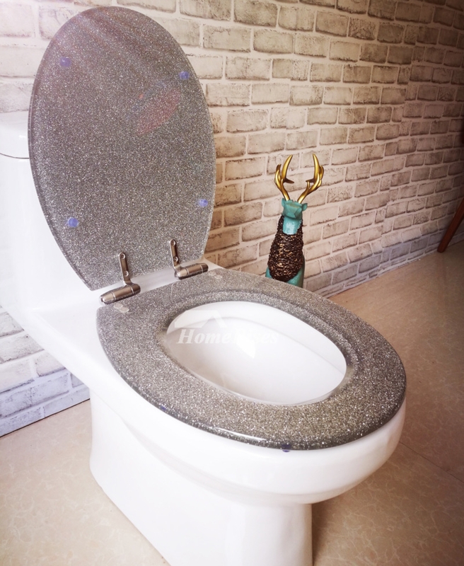 Silver Glitter Toilet Seat: Funky Resin Oval Lid with Designer Hinges.