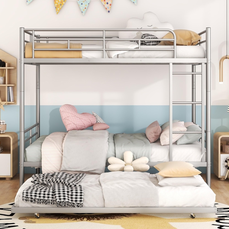 Silver Metal Bunk Bed Pull Out Trundle Full Guardrail Triple Sleeper