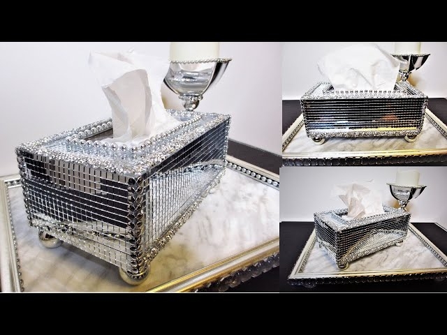 Silver Mirrored Mosaic Rectangular Tissue Box on Ball Feet