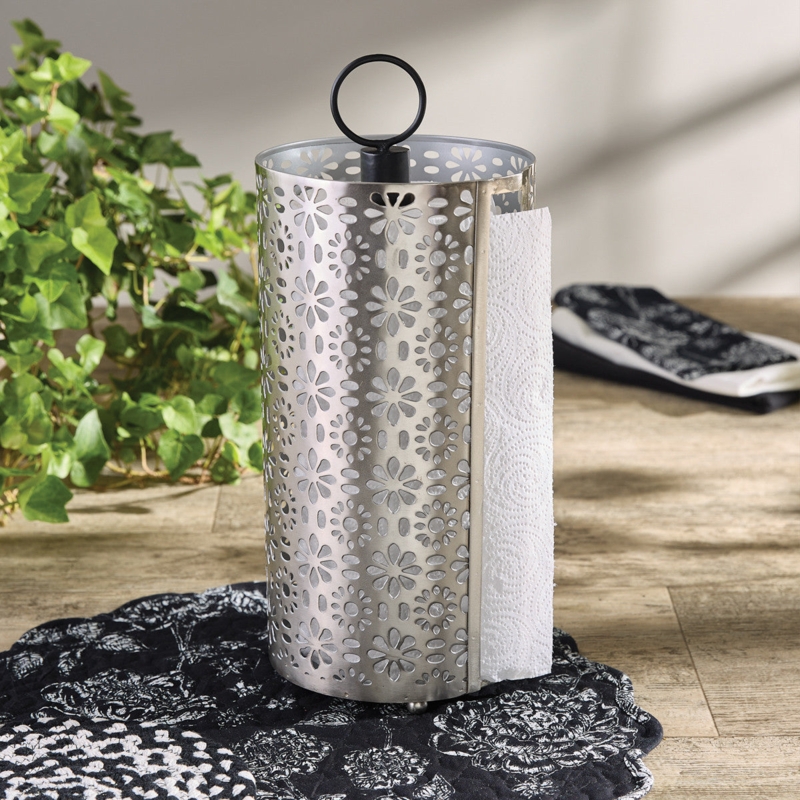 Silver Paper Towel Holder with Floral Cutouts and Ring Handle Vintage