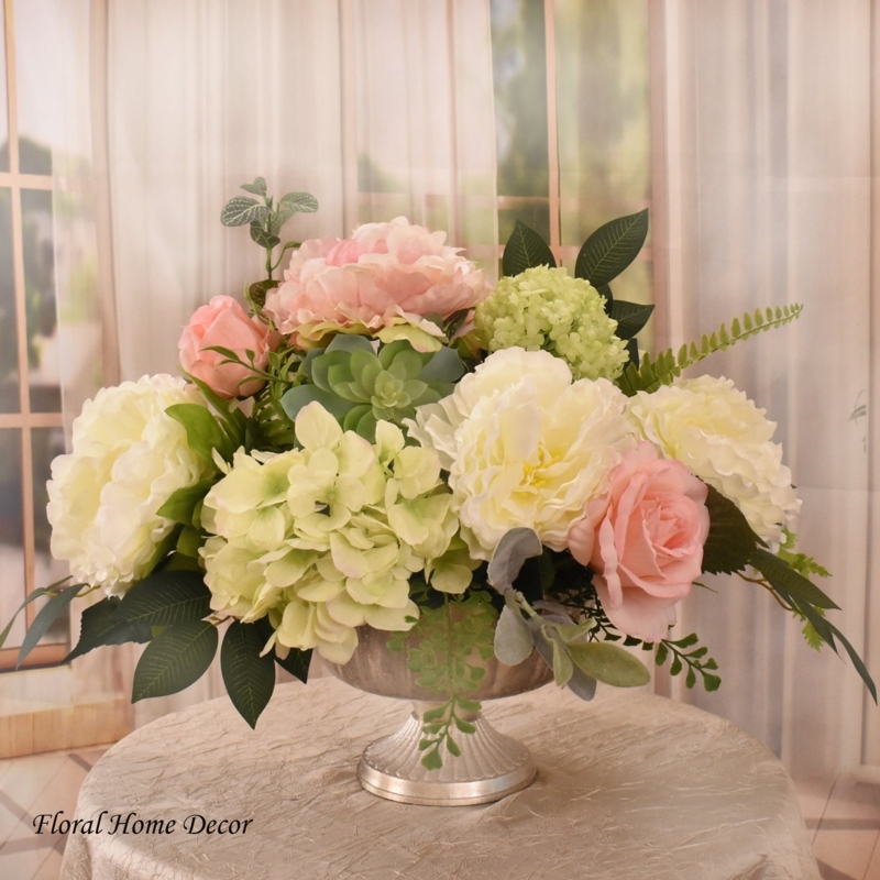 Silver Pedestal Flower Bowl with Faux Succulent and Pink Peonies