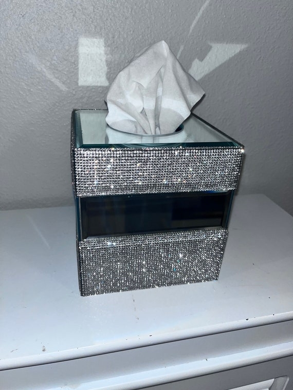 Silver Rhinestone Encrusted Square Tissue Cover with Inset Mirror