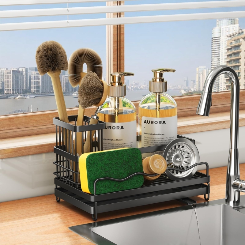Sink Caddy Gold Toned Pumps Glass Bottles Integrated Drain Spout