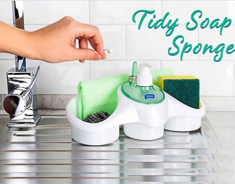 Sink Caddy White Plastic Glossy Finish with Integrated Ring Holder