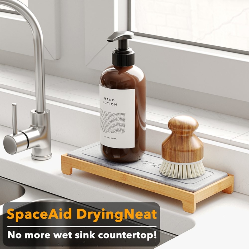 Sink Caddy Wood Toned Bamboo Frame with Absorbent Stone Tray Base