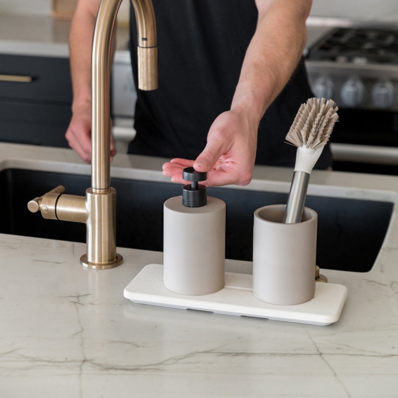 Sink Organizer Set Sand Beige Stone with Slatted White Tray Minimalist