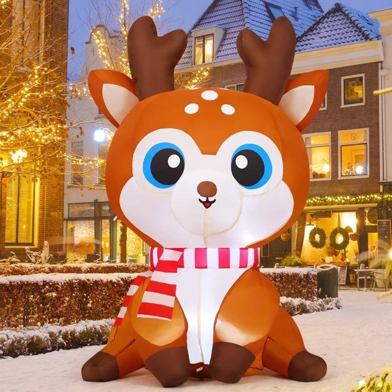 Sitting Reindeer Inflatable Tawny Orange With Striped Scarf Decor