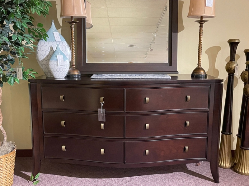 Six Drawer Dresser Bowed Front Vertical Metal Pulls Tapered Legs
