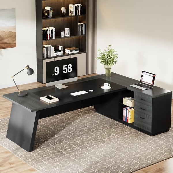 Slanted Leg Office Desk with Walnut and Matte Black Two-Tone Finish