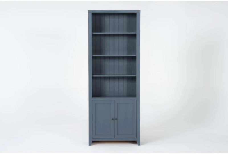 Slate Blue Bookcase with Vertical Beadboard Back and Shaker Doors