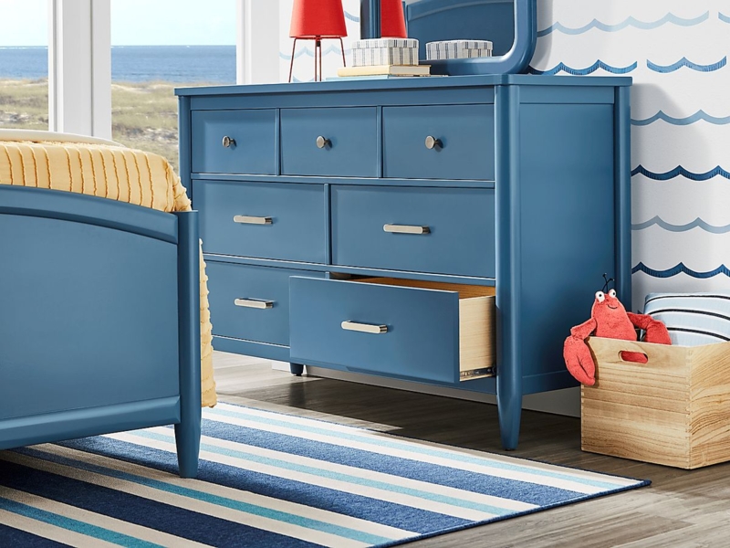 Slate Blue Dresser Mixed Hardware Tapered Legs Coastal Style